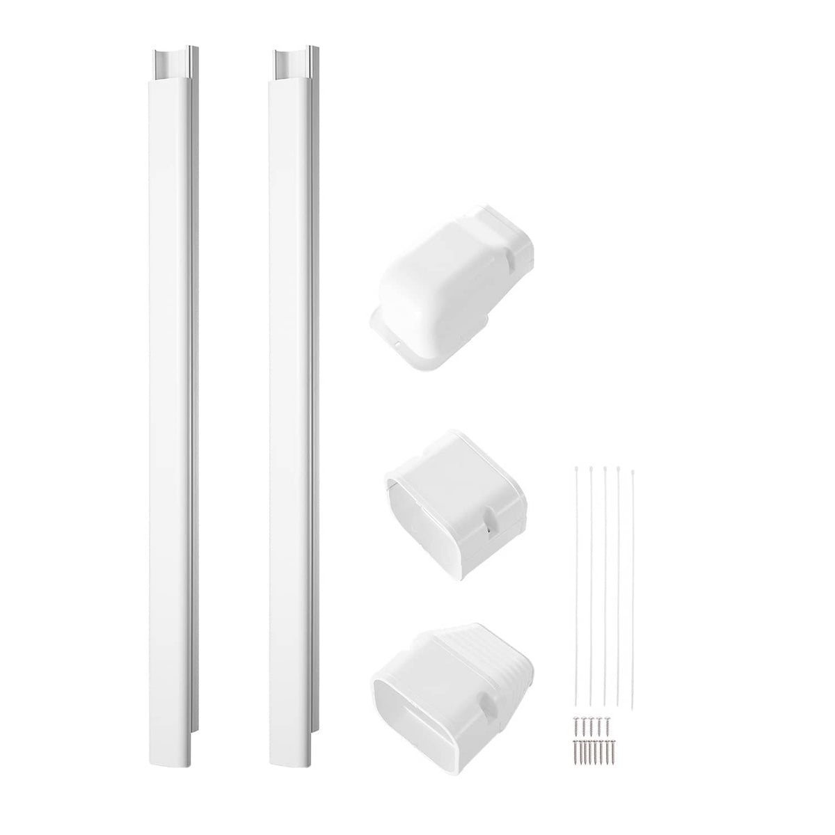 White PVC mini split line set cover kit: two tall covers with end caps and screws