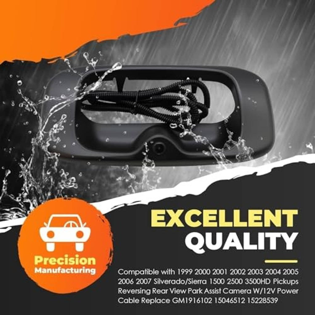 Tailgate handle backup camera with water splash droplets on black housing and lens