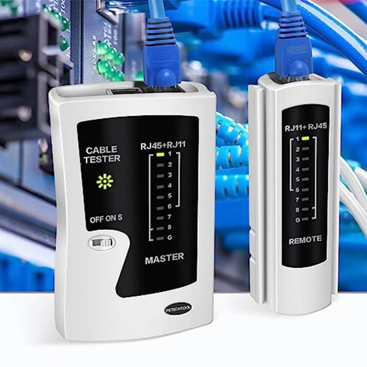 RJ45/RJ11 cable tester master and remote units with indicator window panels