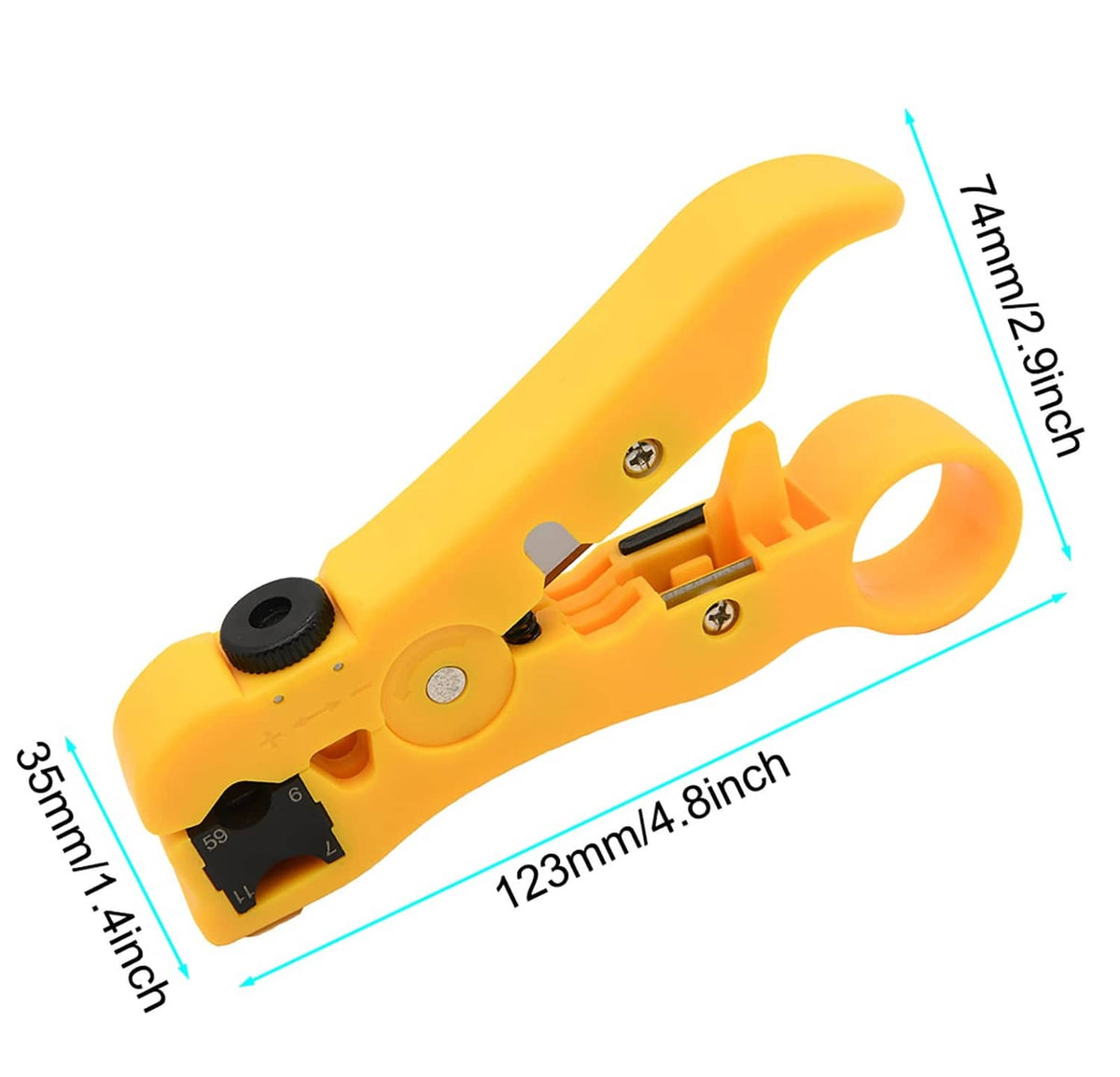 Yellow coax wire stripper/cutter tool with blade and safety guard