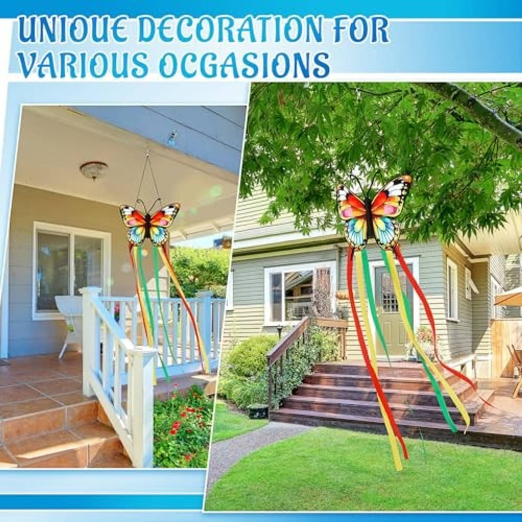 Pair of butterfly windsocks with multicolor ribbon tails for outdoor porch decor