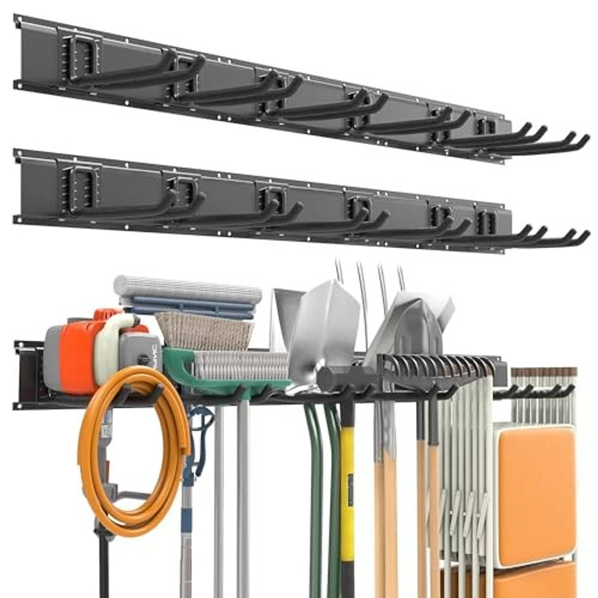 Black double wall-mount tool rack with curved hooks and long hanging arms