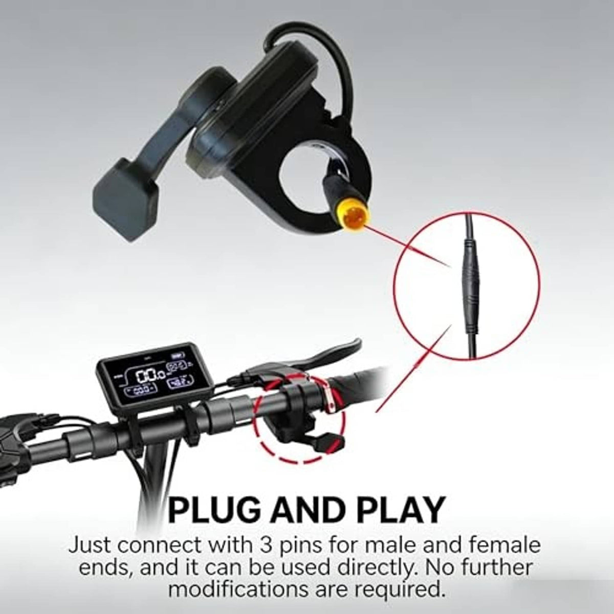 Black thumb throttle with yellow-tipped wire connector and mounting bracket, close-up.