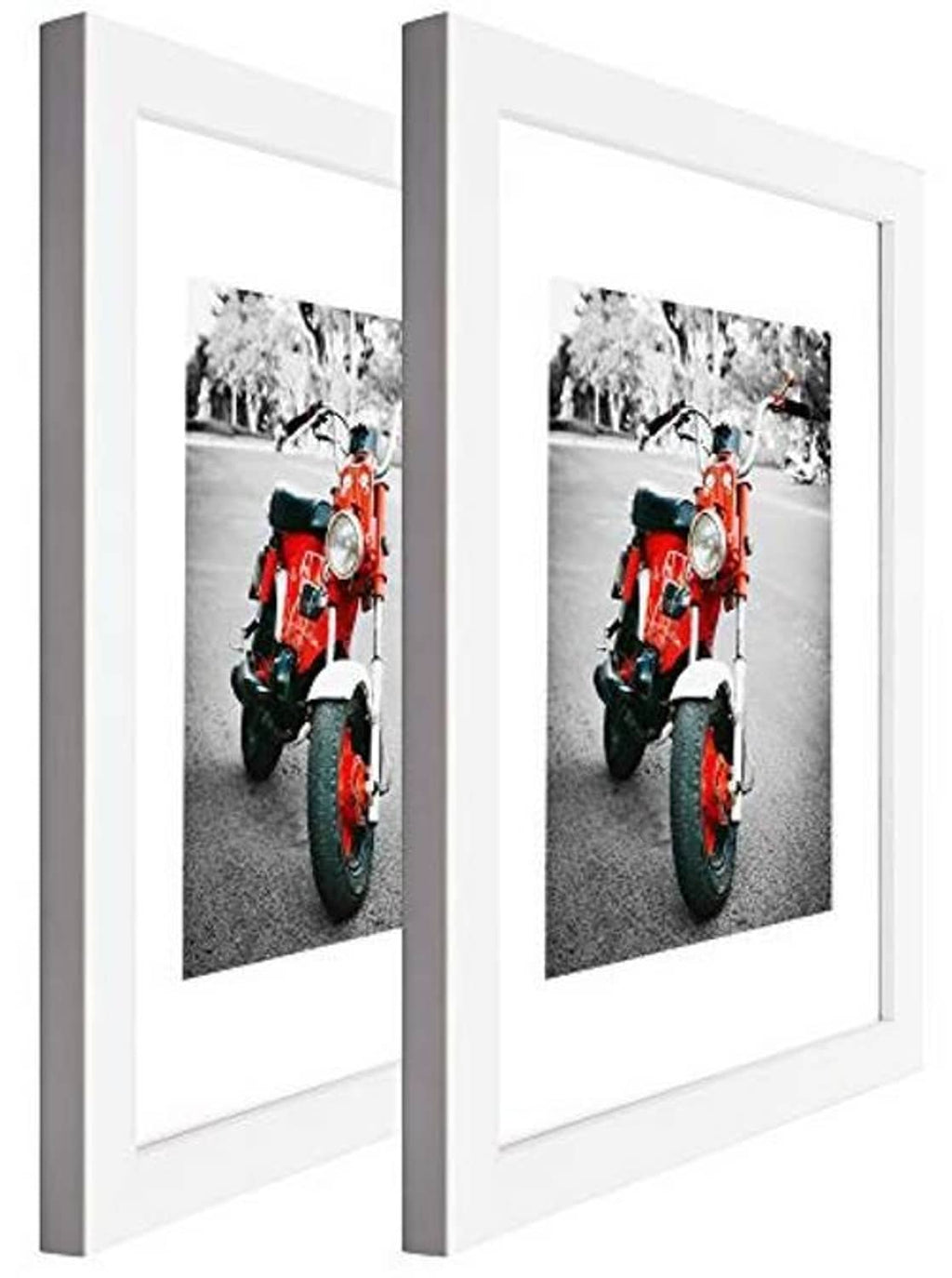 Set of 2 white wood photo frames with real glass, side view with red motorcycle photos