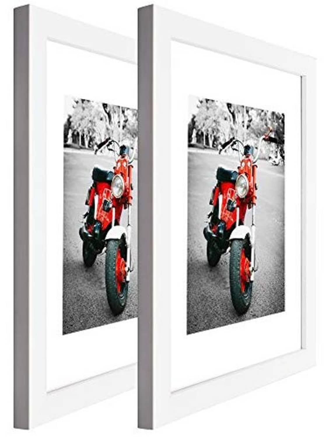 Set of 2 white wood photo frames with real glass, side view with red motorcycle photos