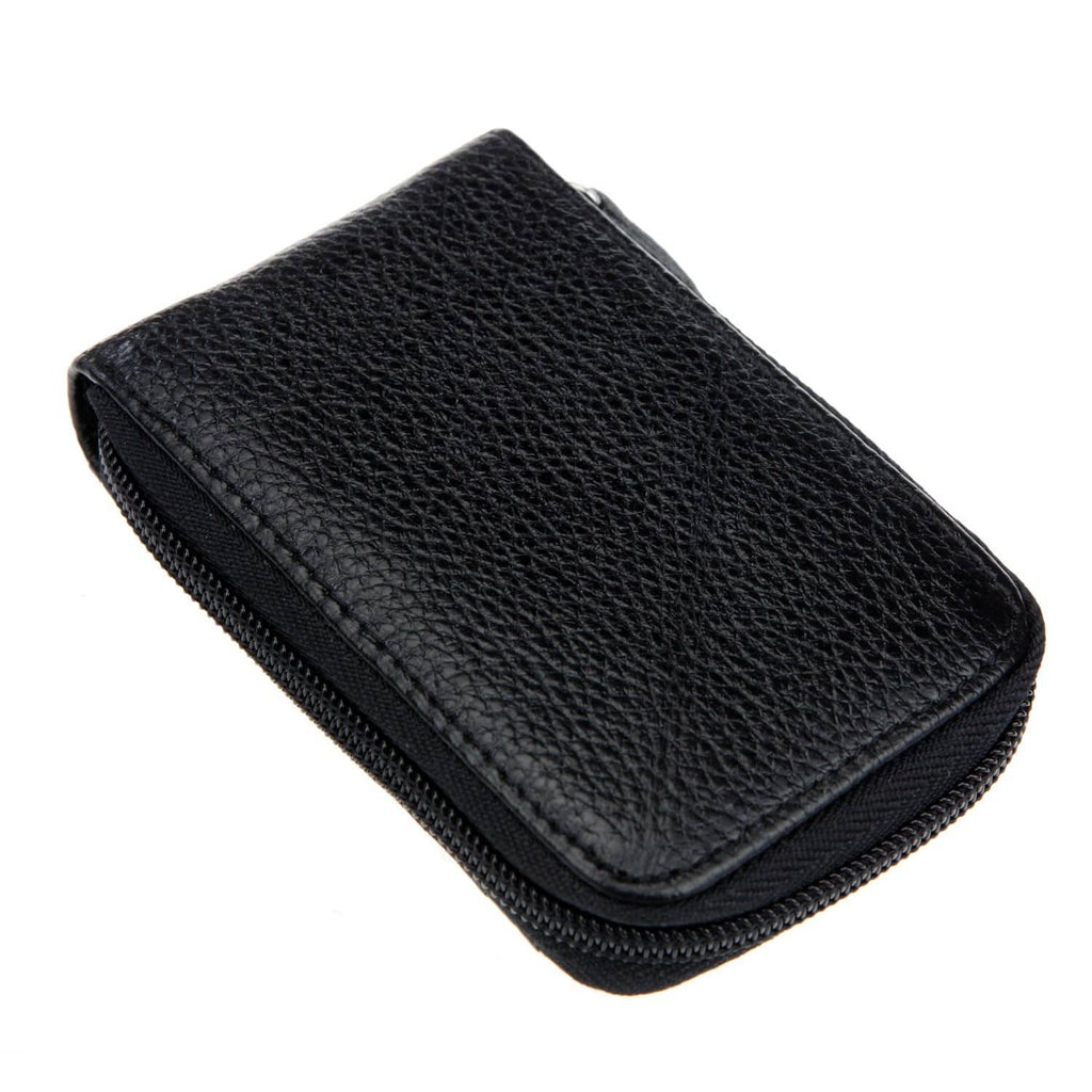 Black textured leather mini card case with stitched edges and zip closure
