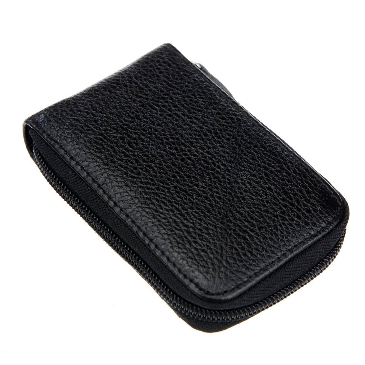 Black textured leather mini card case with stitched edges and zip closure