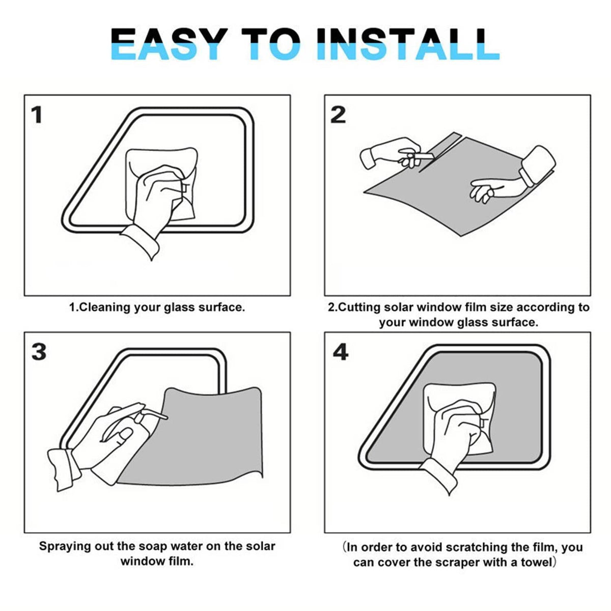 Window tint film installation guide illustrations: clean, cut, spray, apply, and avoid scratching.