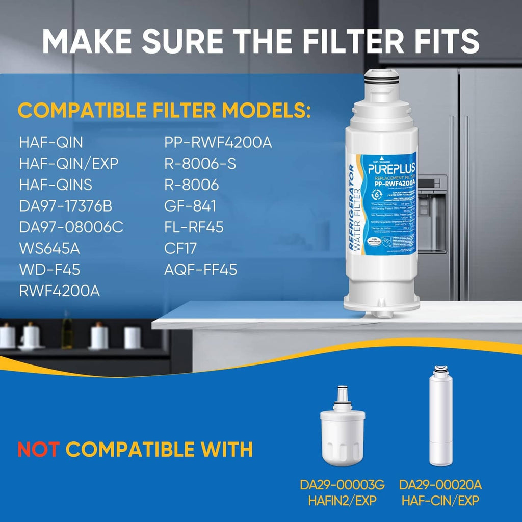 Refrigerator water filter replacement cartridge, white with blue label, shown beside fridge.