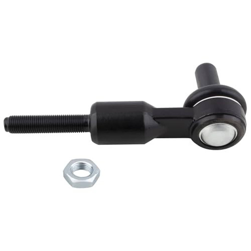 Black tie rod end link with round ball joint, threaded shaft, and hex nut