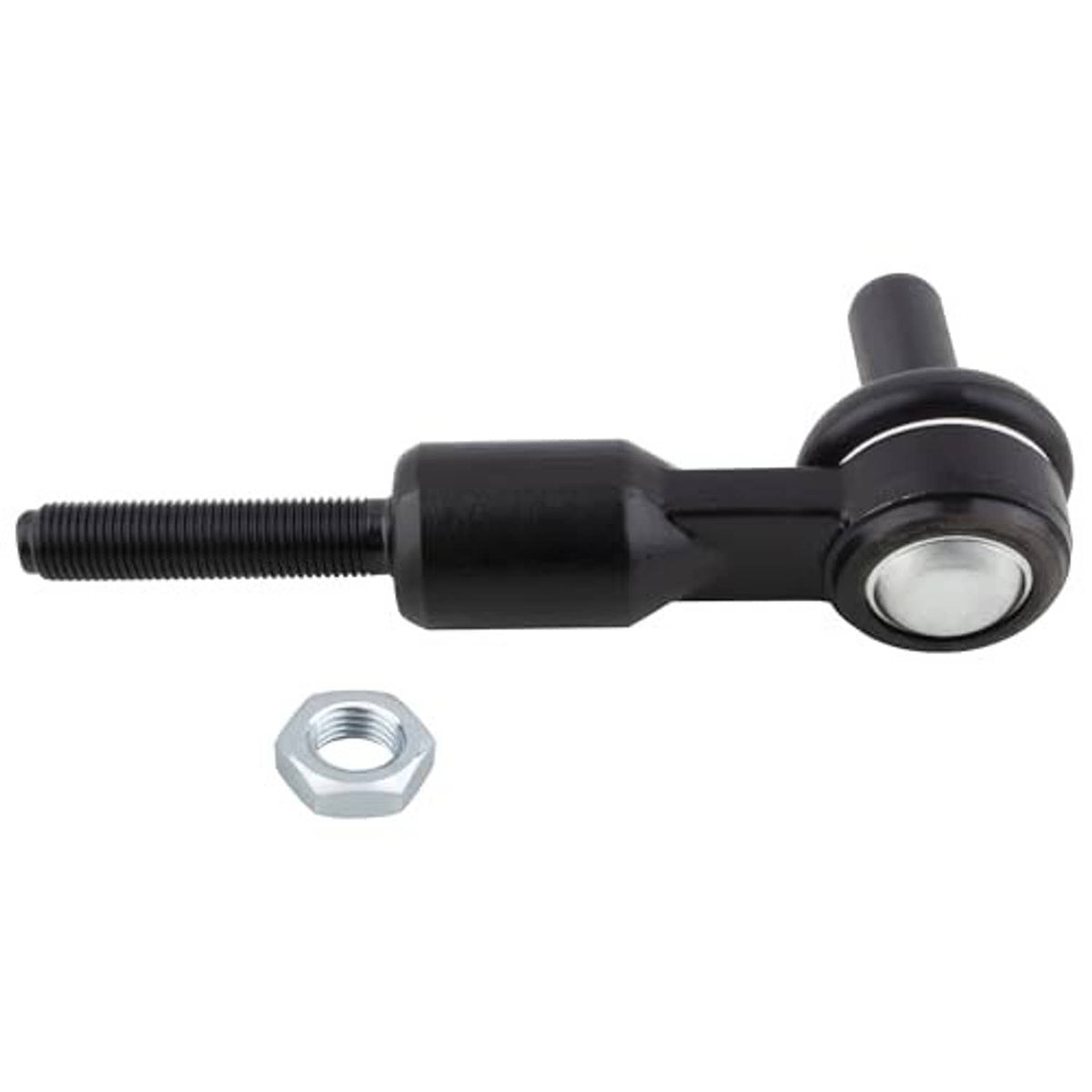 Black tie rod end link with round ball joint, threaded shaft, and hex nut