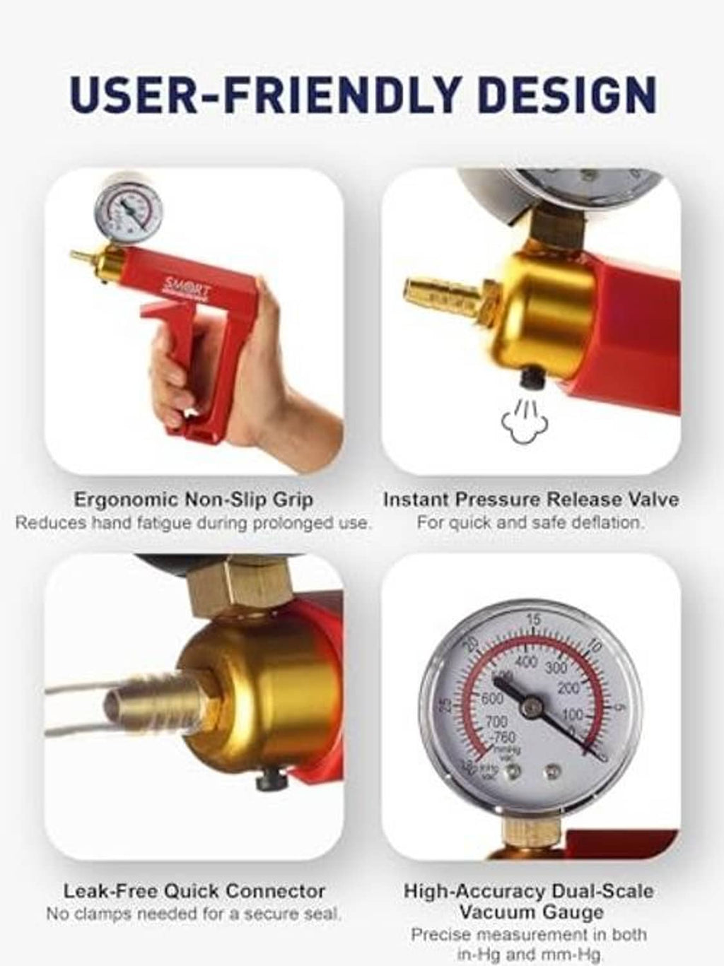 Brake bleeder kit with ergonomic red grip vacuum pump, quick connector, and dual-scale gauge