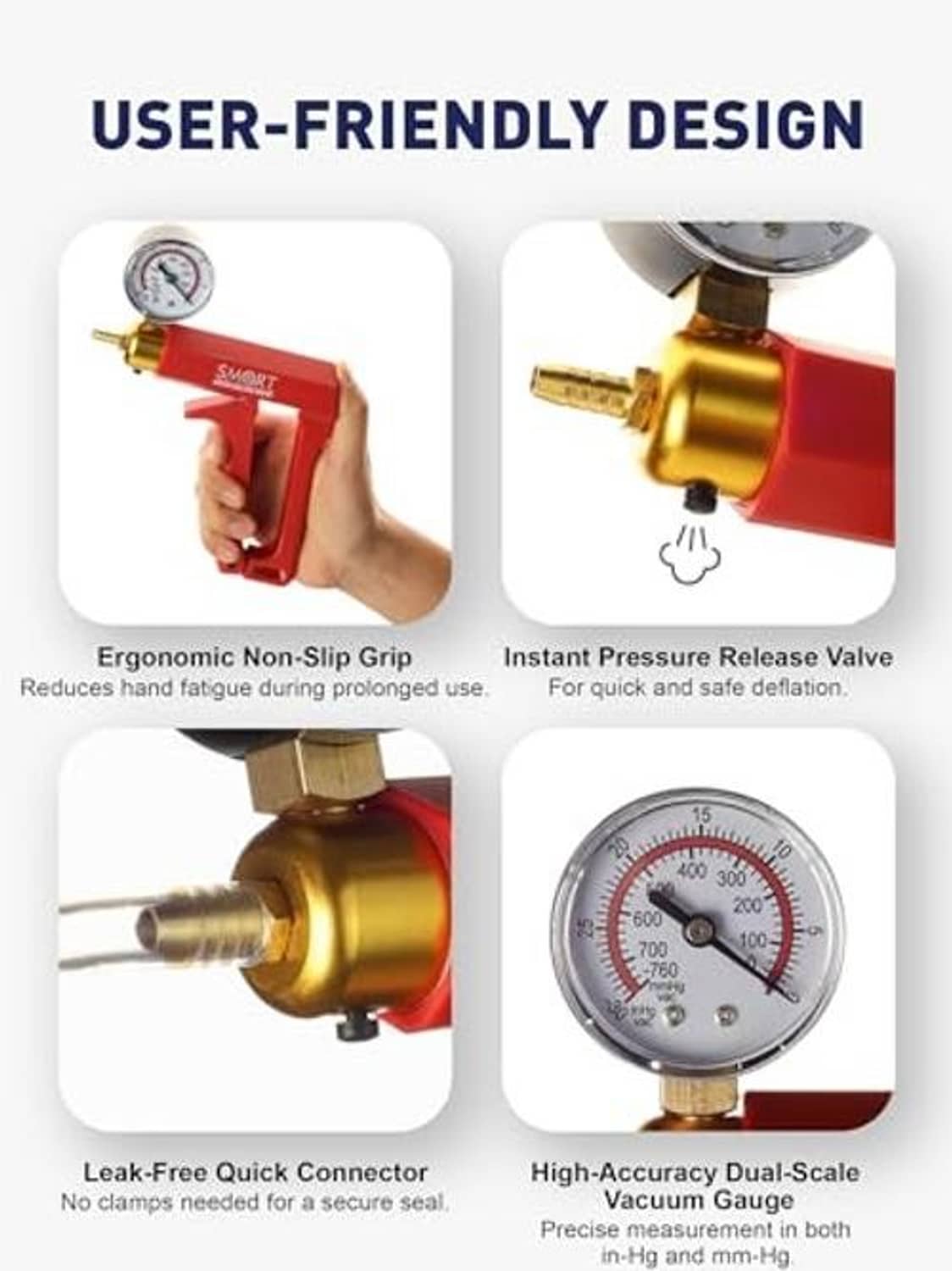 Brake bleeder kit with ergonomic red grip vacuum pump, quick connector, and dual-scale gauge