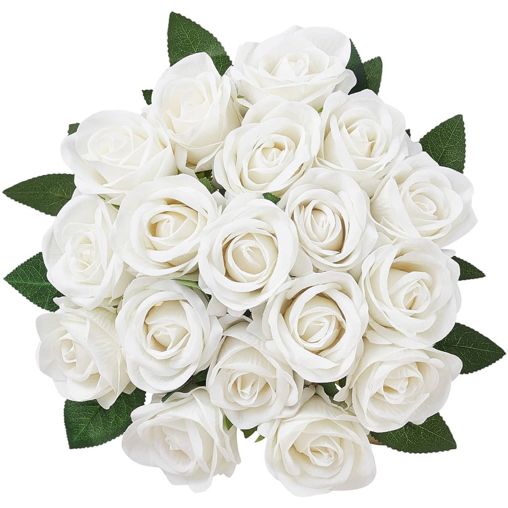 White artificial rose bouquet with green leaves, round clustered flower heads
