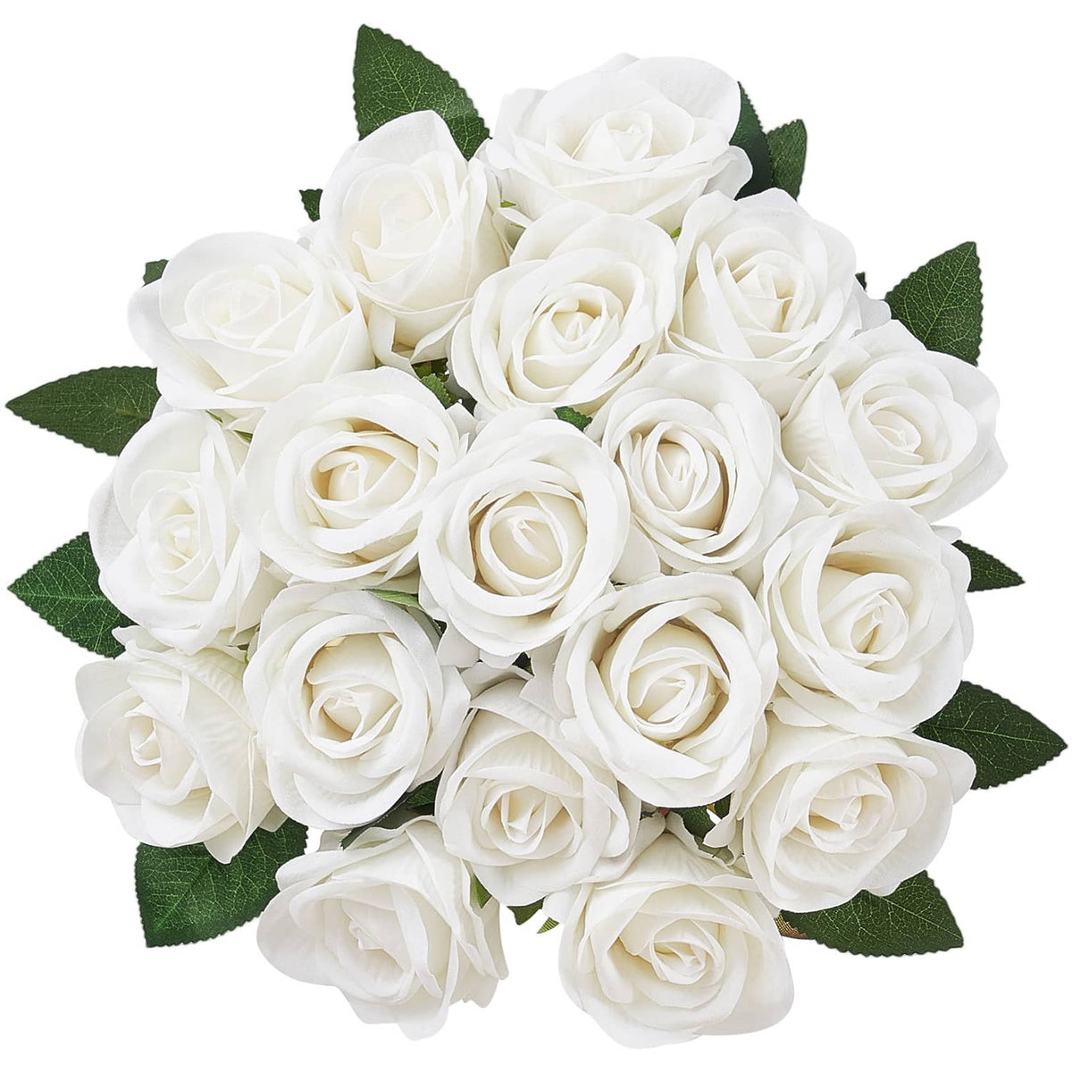 White artificial rose bouquet with green leaves, round clustered flower heads