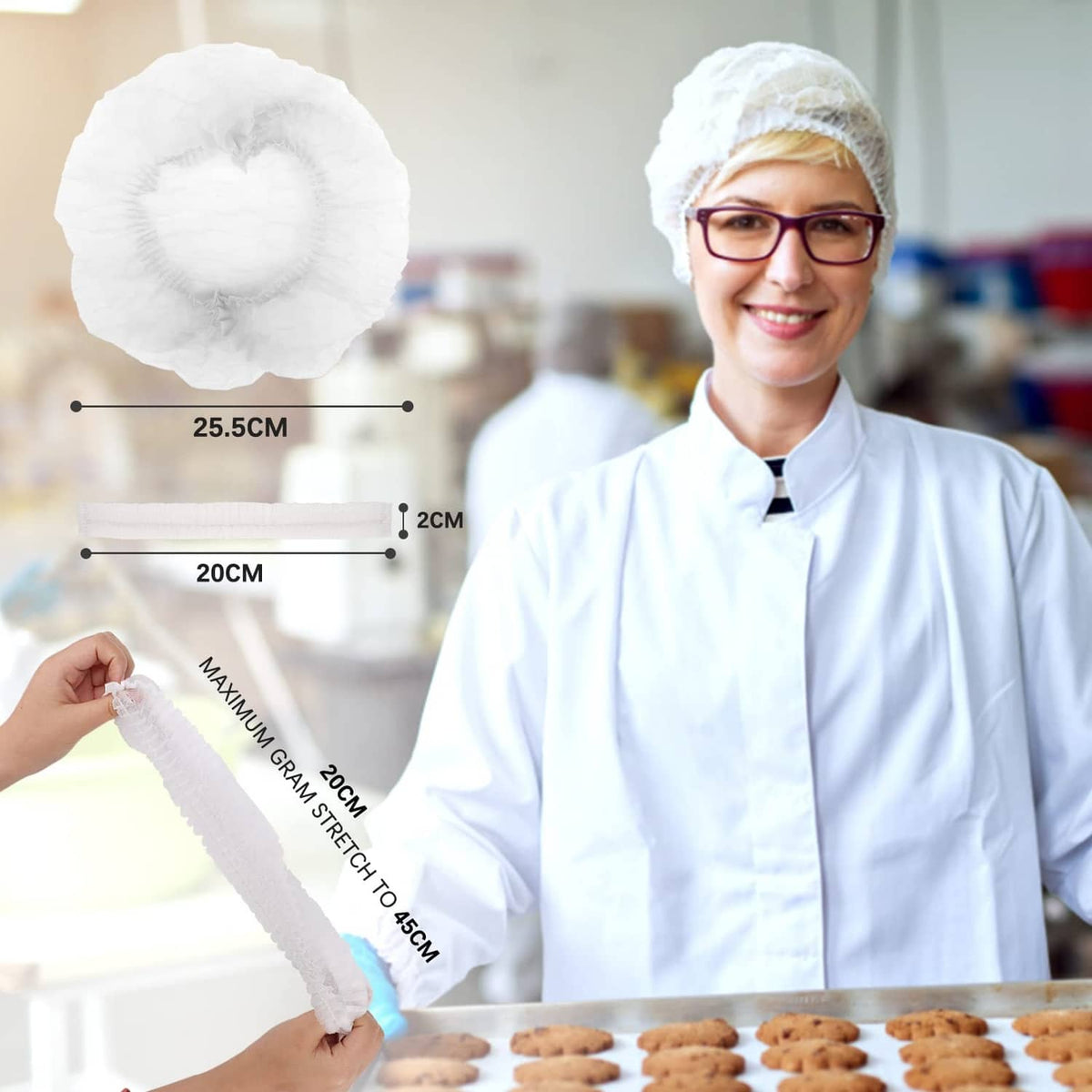 Disposable white bouffant cap hair net, circular top and elastic band