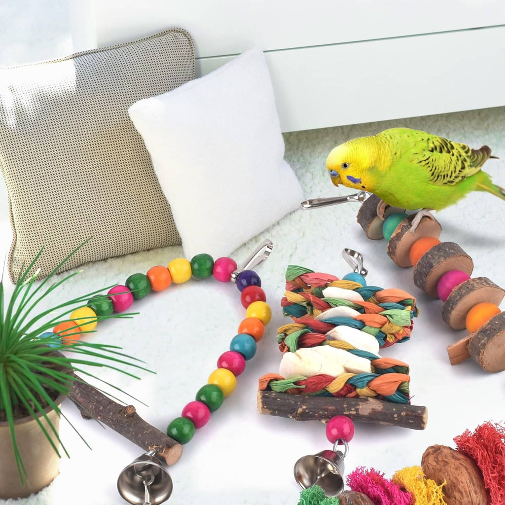 Bird beside hanging chew perches with wooden logs, colorful beads, rope, and bells