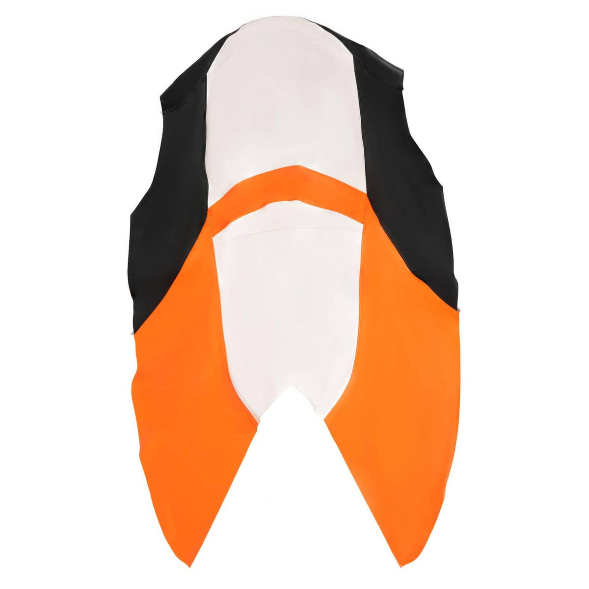Jet ski seat cover underside view, white center with orange sides and black end panels