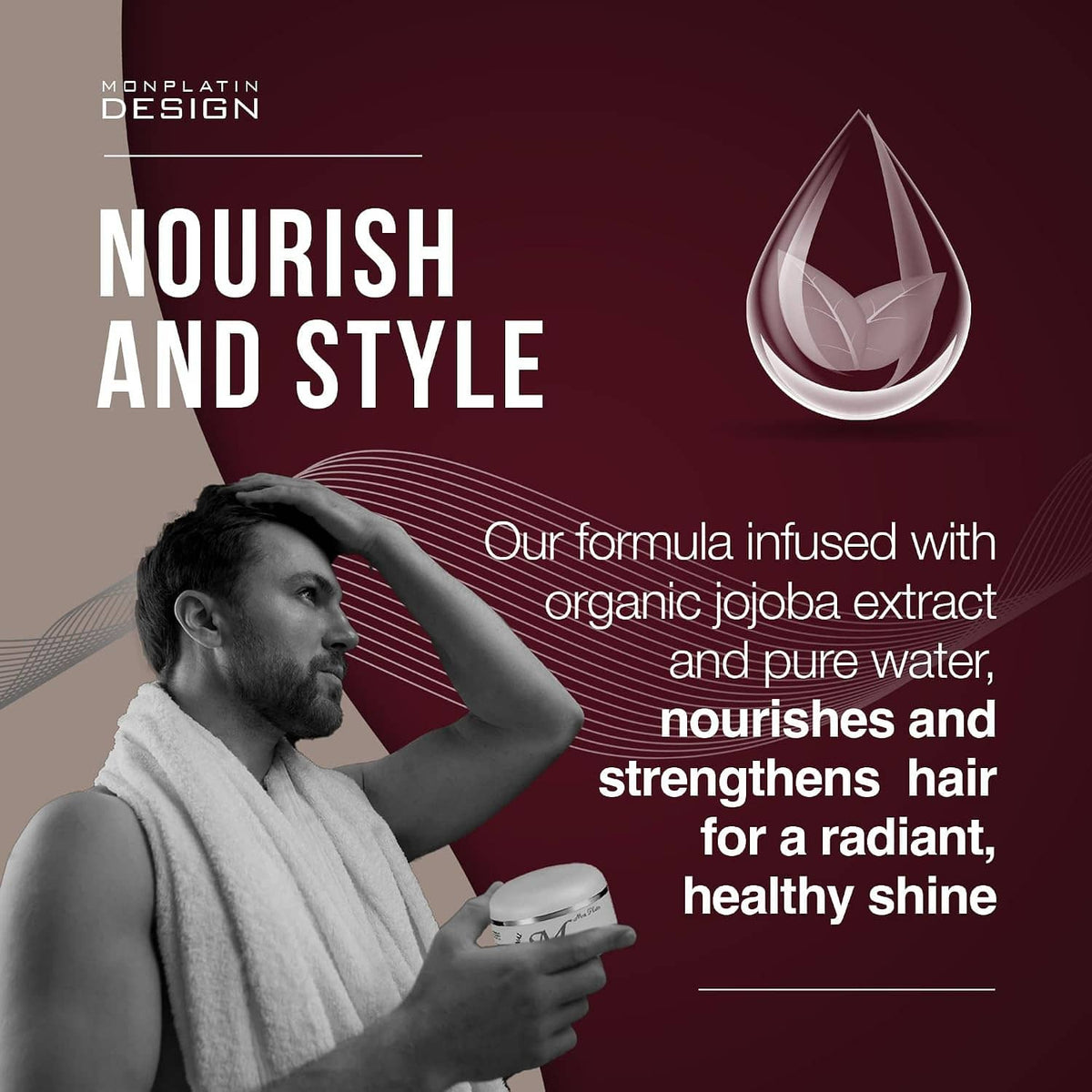 Hair wax jar shown with man grooming his hair while holding the container
