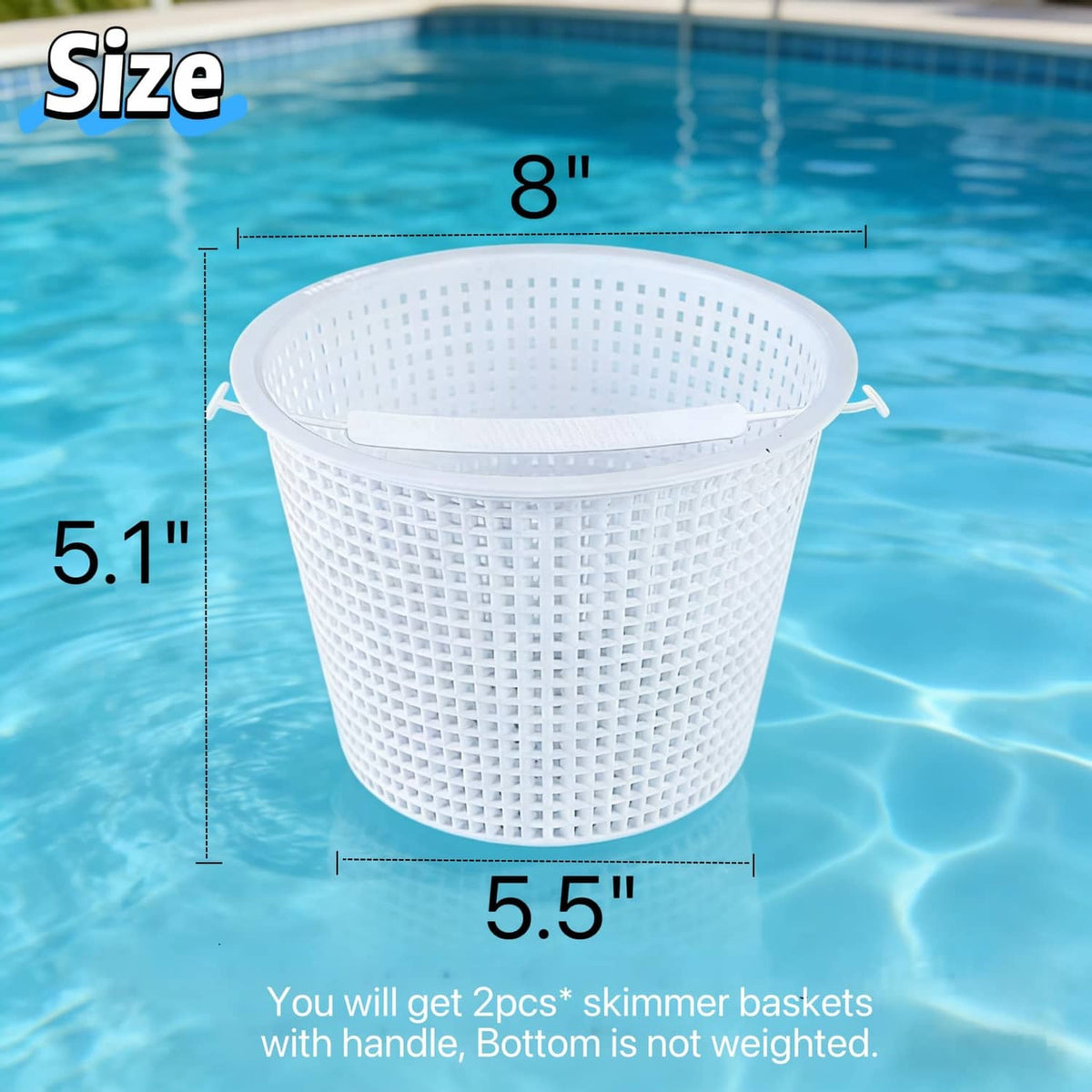 White 8 in round pool skimmer basket with handle, perforated mesh sides