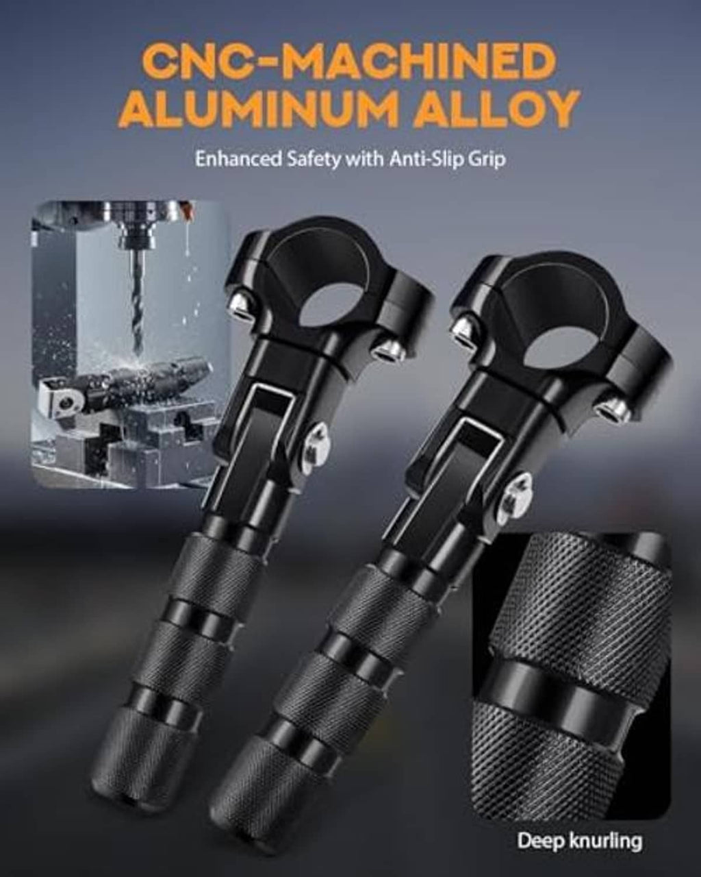 Black CNC aluminum highway footpegs with deep knurled anti-slip grip