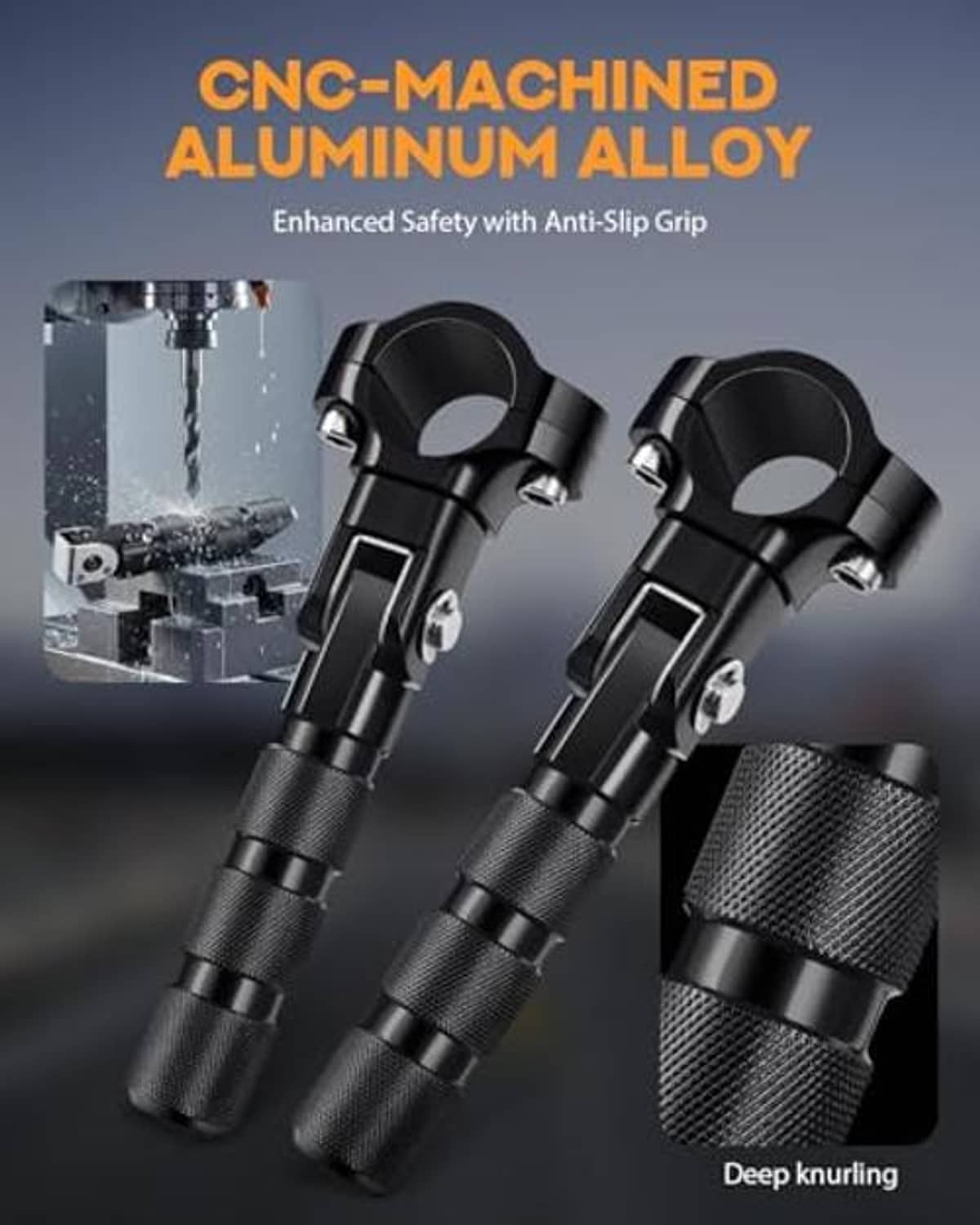 Black CNC aluminum highway footpegs with deep knurled anti-slip grip
