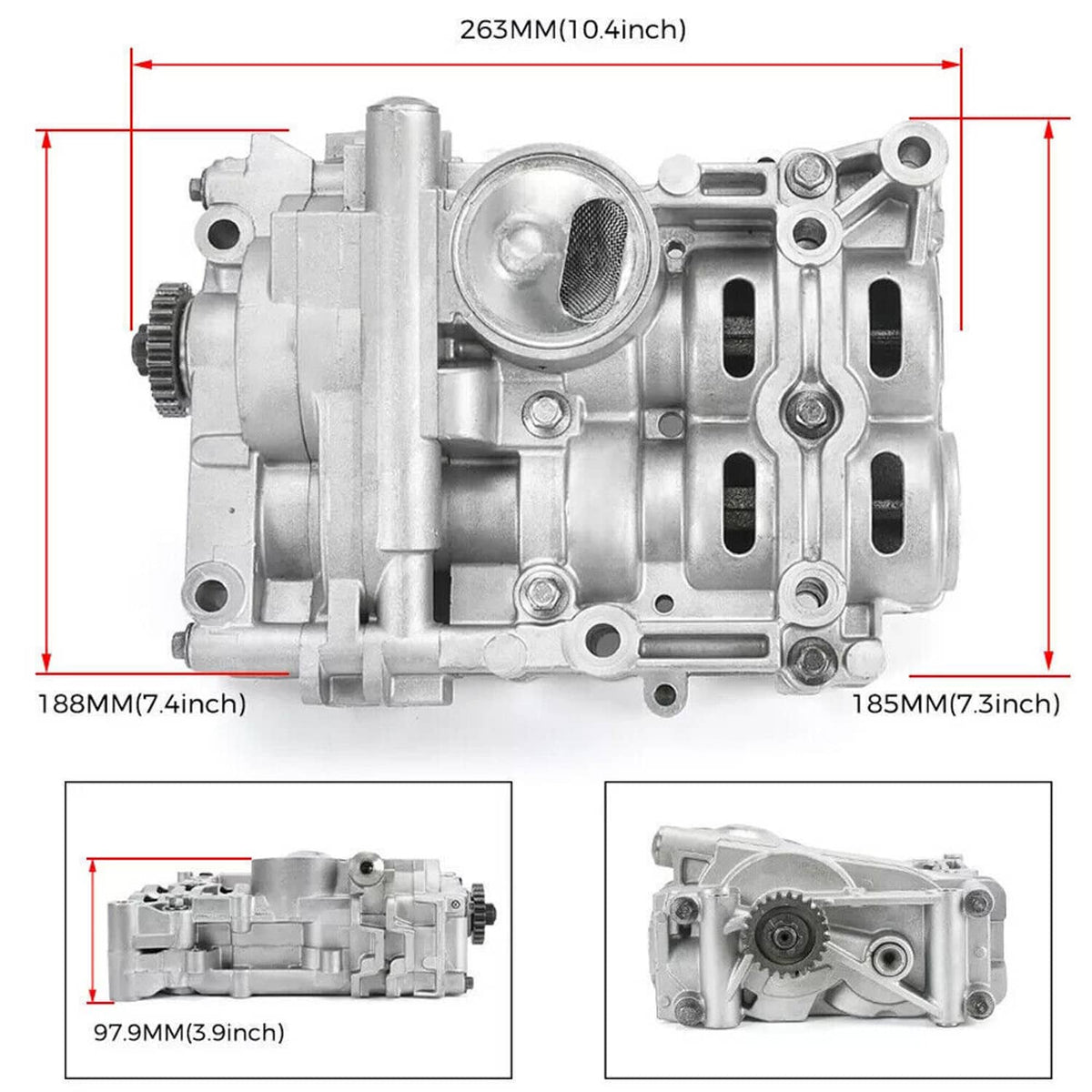Shaft balance oil pump assembly with visible housing features and dimension diagram
