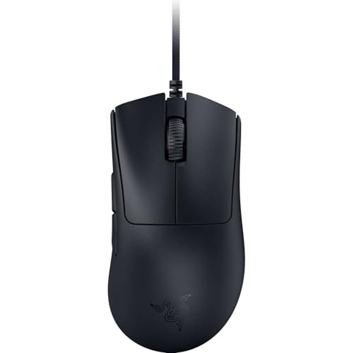 Black wired gaming mouse top view with cable connection
