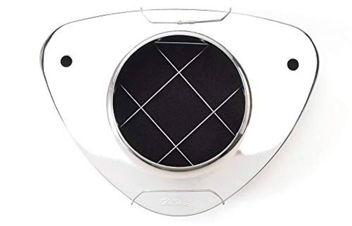 Edelbrock Pro-Flo air cleaner top view, black filter screen with chrome ring and cross bracing