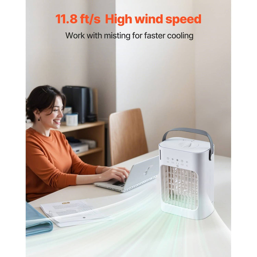 White portable air cooler with front grille and top controls, designed for high wind speed