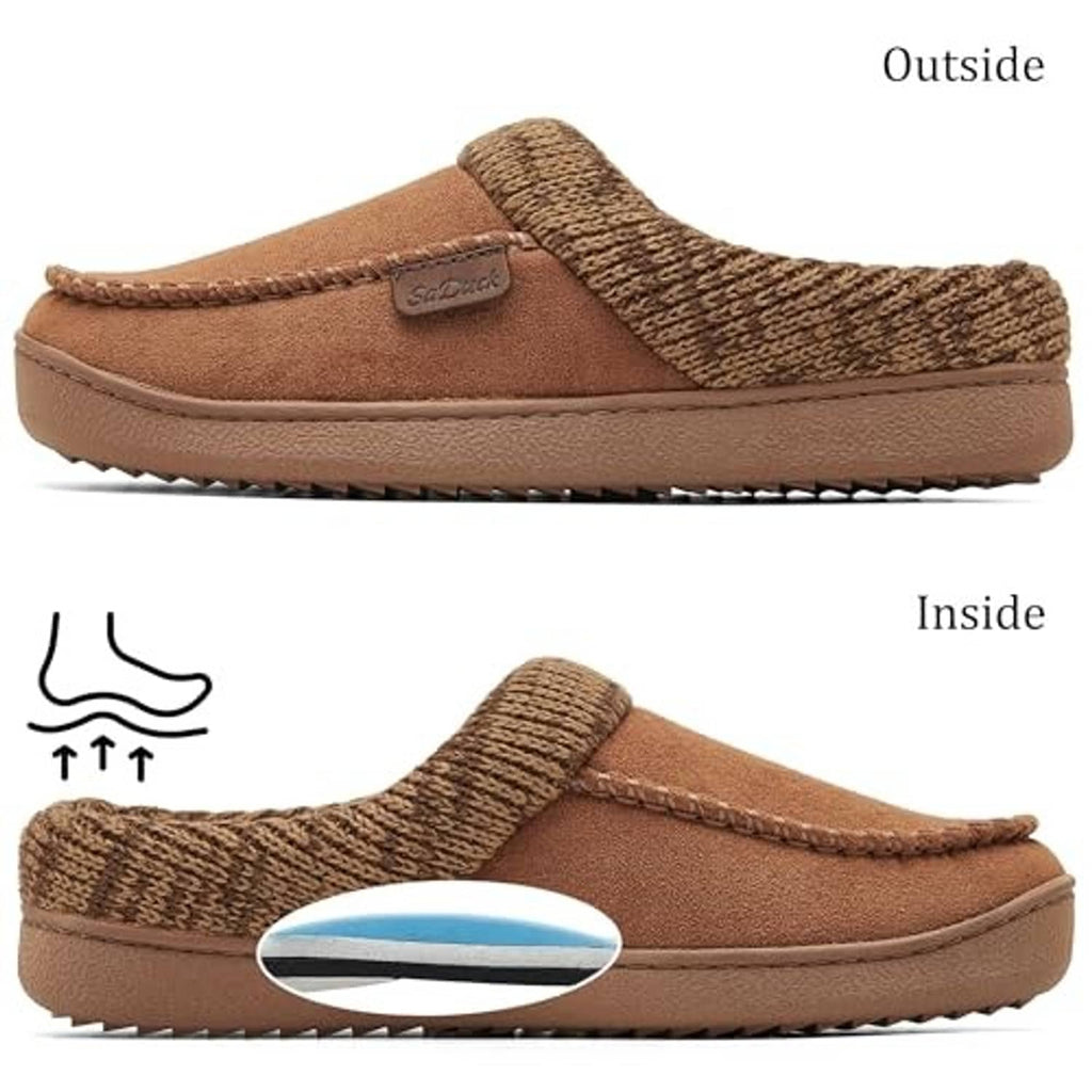 Moccasin slipper clogs showing outside sole and inside cushioning, knit collar and moc seams