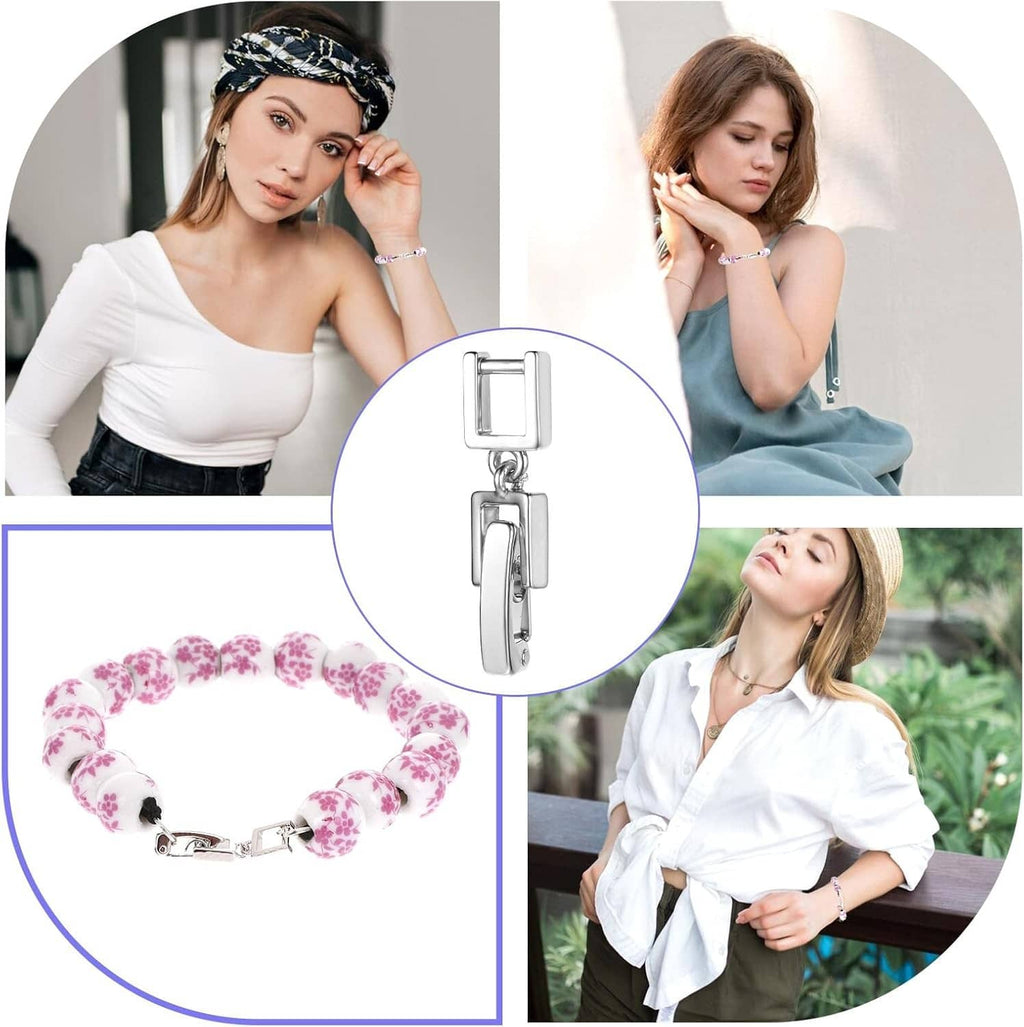 Silver fold-over clasp extender shown on bracelet with close-up hinge detail