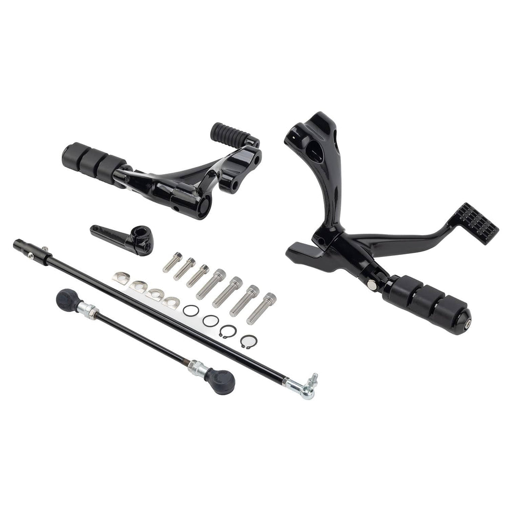 Complete black forward control kit with footpegs, levers, rod, and fasteners