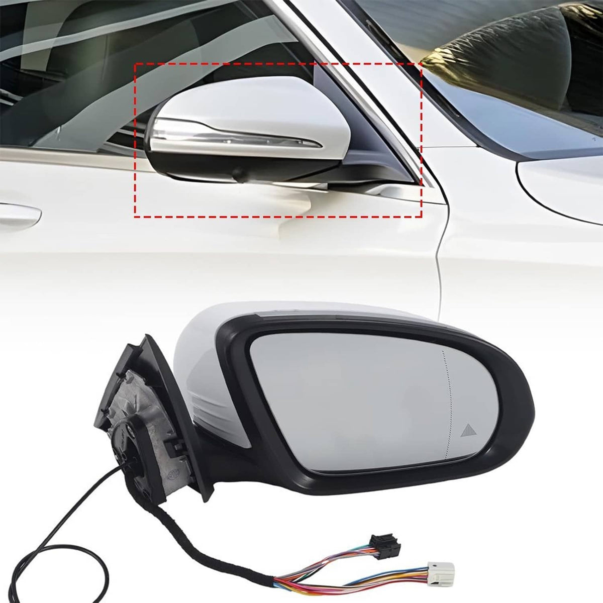 Right-side heated blind-spot mirror with turn-signal lens and wiring harness