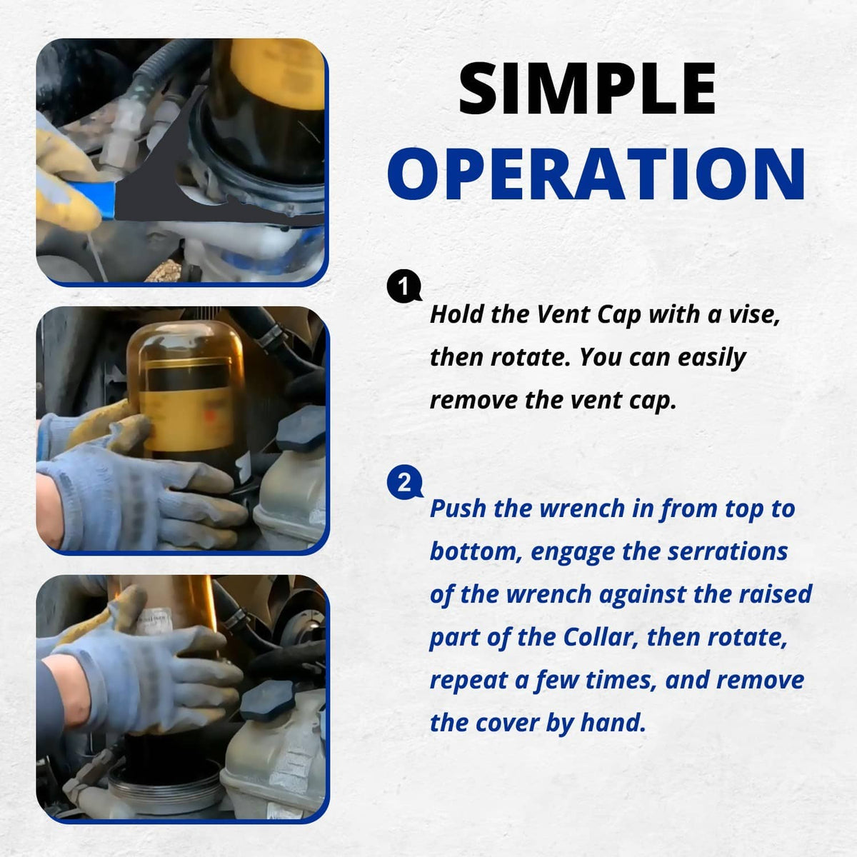 Fuel filter wrench with blue handle, circular head shown engaging a fuel filter cap.