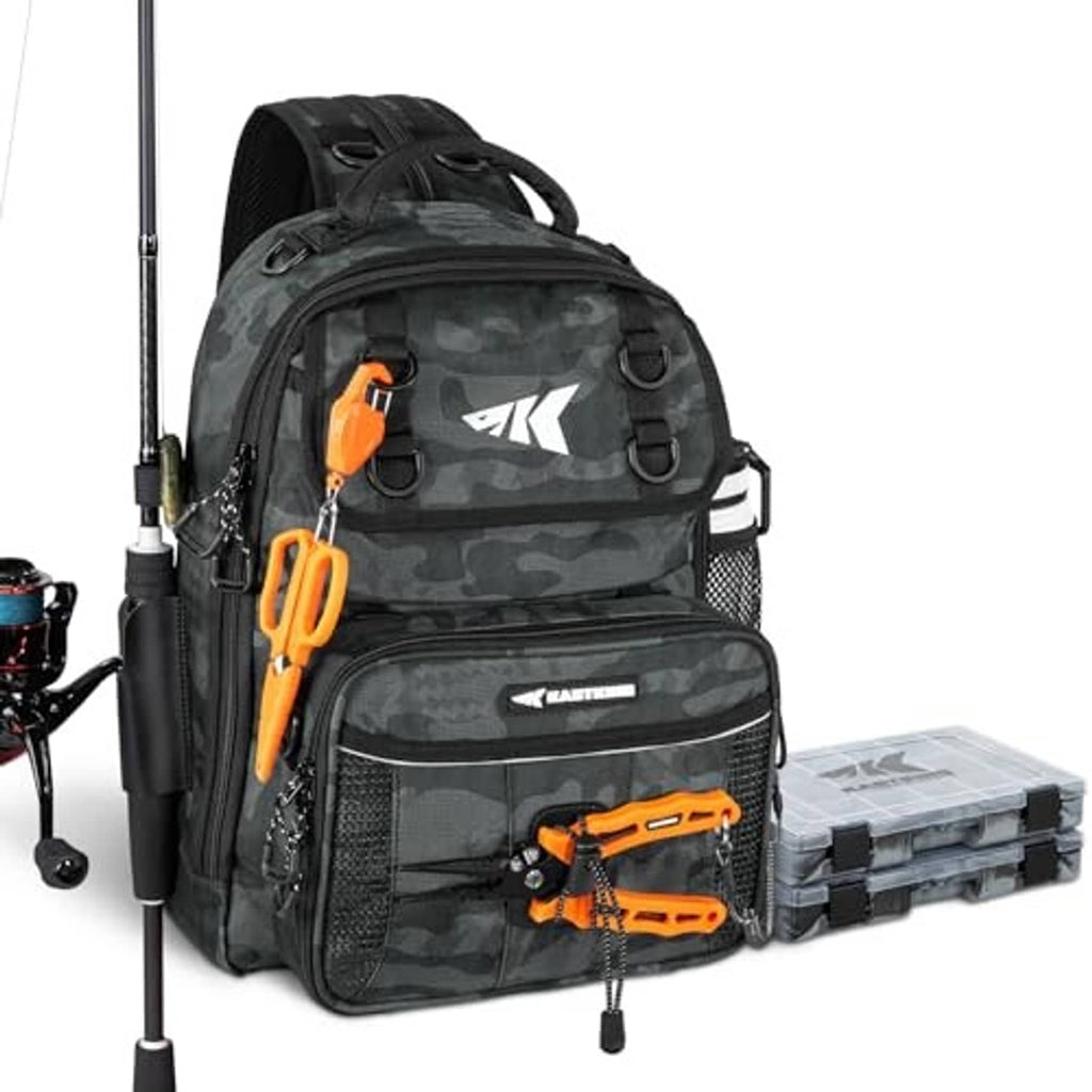 Large black camo fishing sling bag with clear pockets and gray tackle boxes