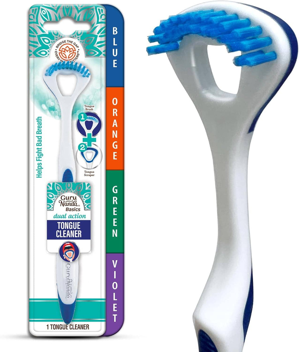 Dual action tongue scraper with soft bristled brush on a retail box and tool view.