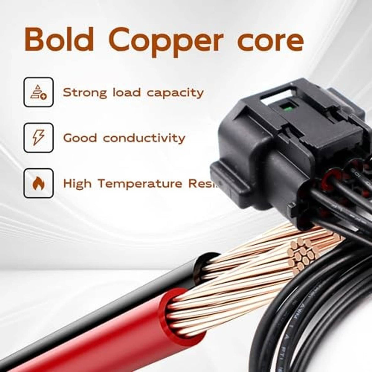 Headlight connector wiring harness with black plug and exposed copper wire cores