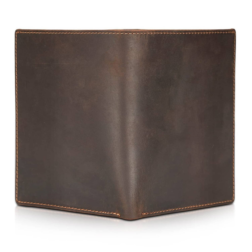 Brown leather bi-fold passport holder, plain front with tan edge stitching