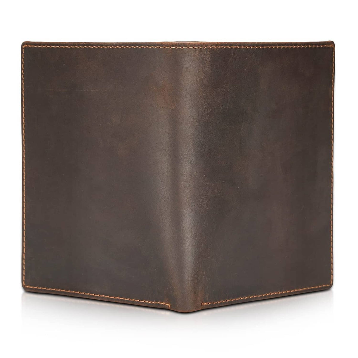 Brown leather bi-fold passport holder, plain front with tan edge stitching