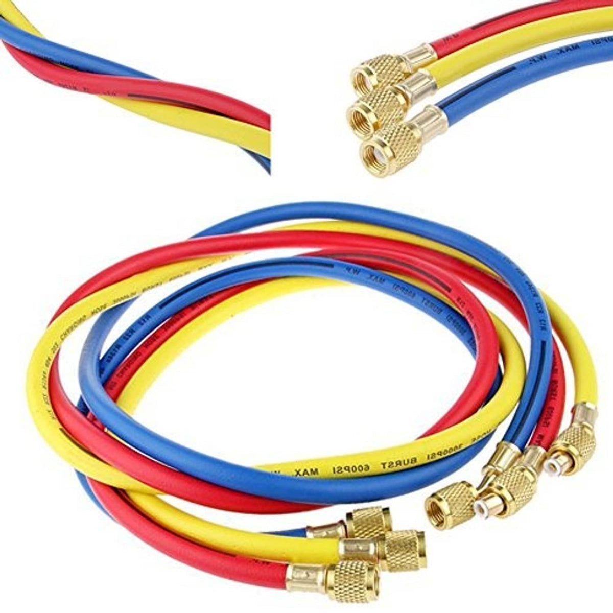 Brass manifold connectors on red, blue, and yellow HVAC gauge hoses