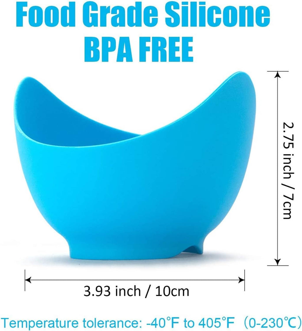 Blue silicone egg poacher cup with open top and small steam-release notch