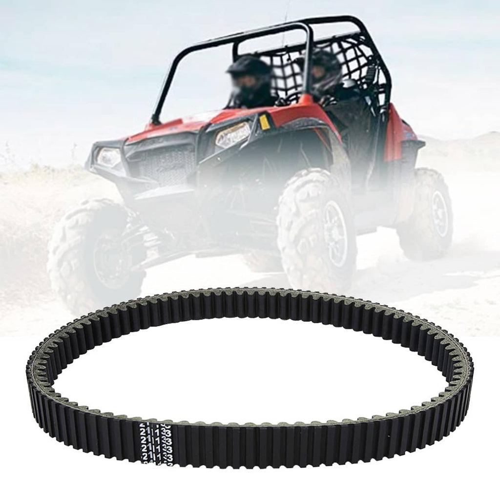 Black toothed drive belt, looped design with evenly spaced cogs