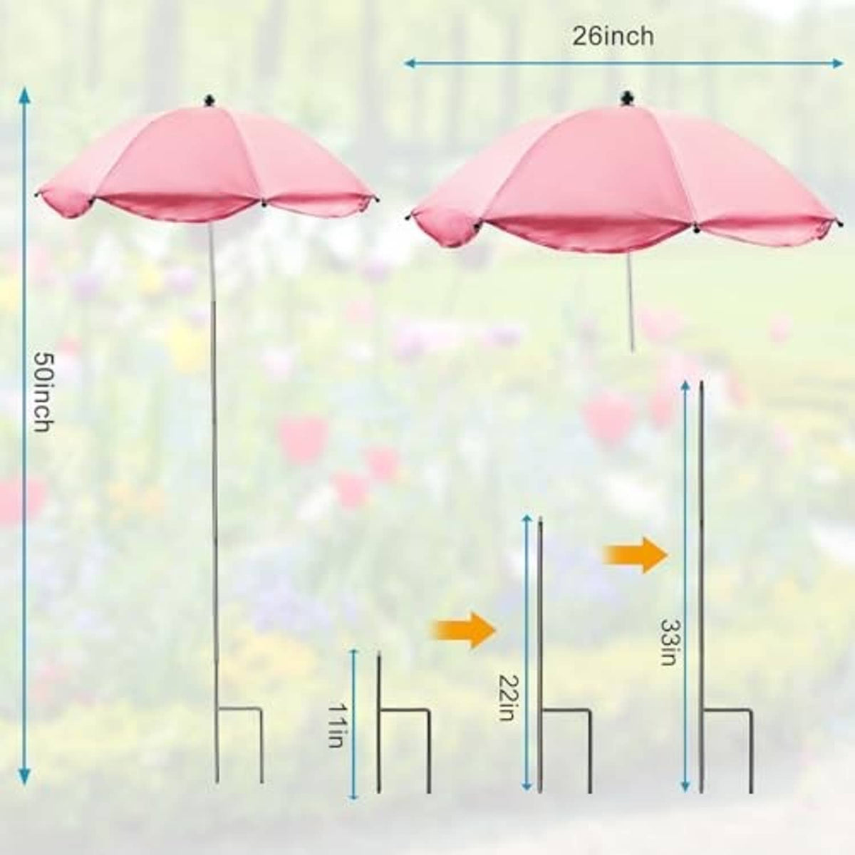Pink adjustable plant sunshade umbrella shown with height and width measurement guides