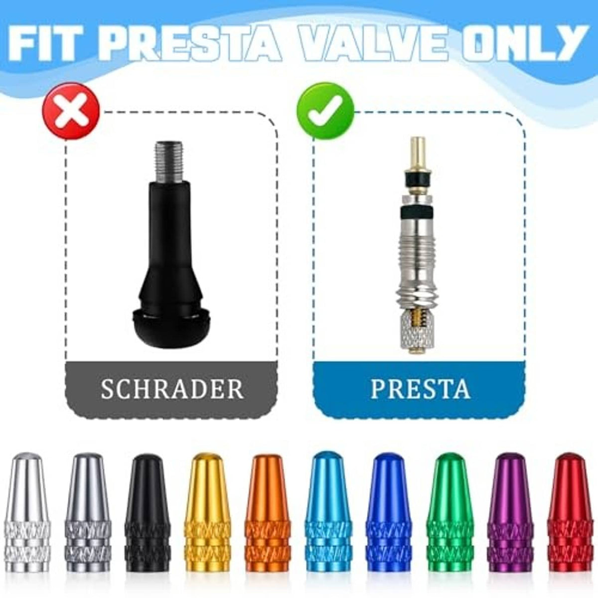 Aluminum Presta valve cap with threaded stem, shown in assorted colors below