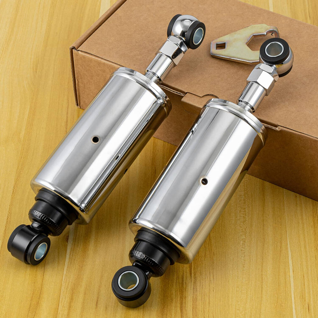 Chrome adjustable shocks pair with black lower bushings and steel mounting brackets