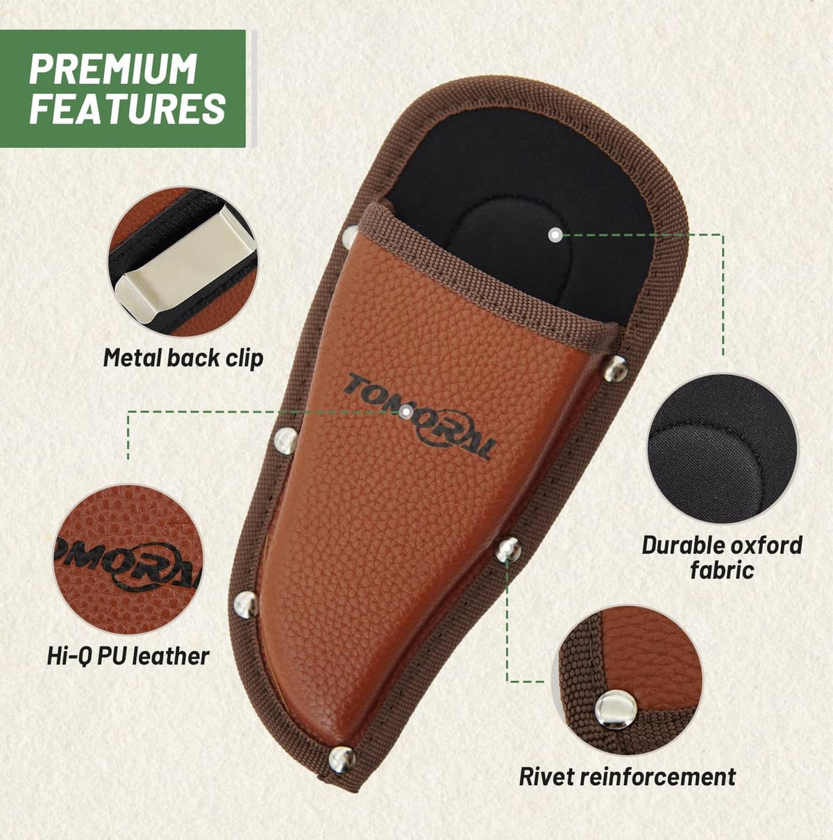 Brown pruning shear holster with black oxford fabric lining and metal back clip