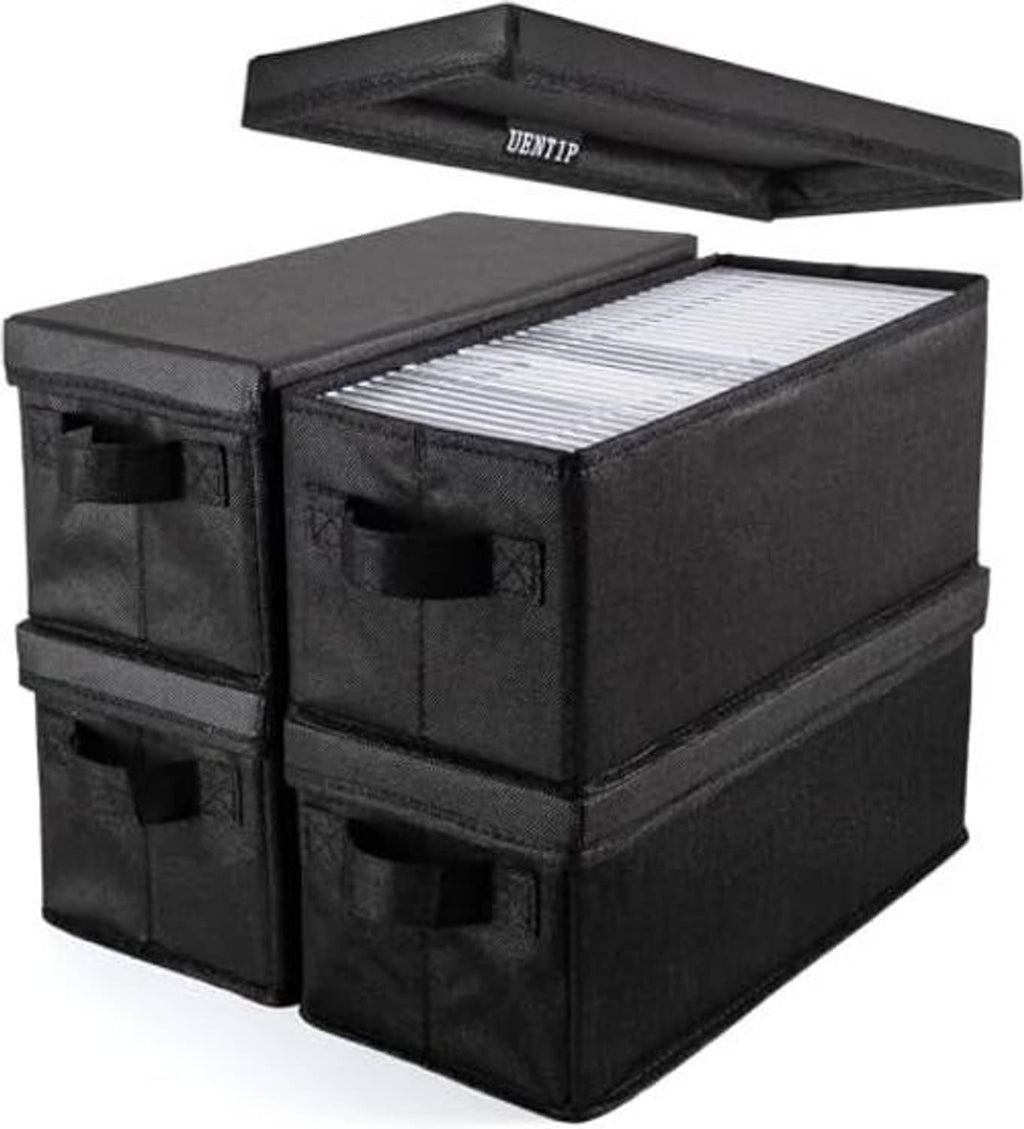 Black fabric CD storage box with lid open, interior filled with stacked discs