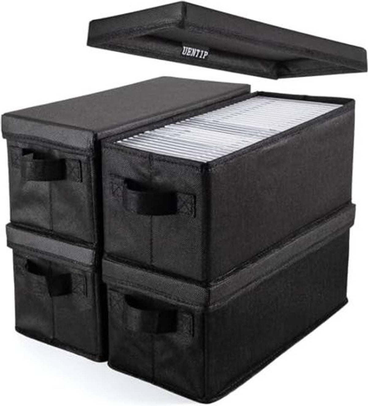 Black fabric CD storage box with lid open, interior filled with stacked discs