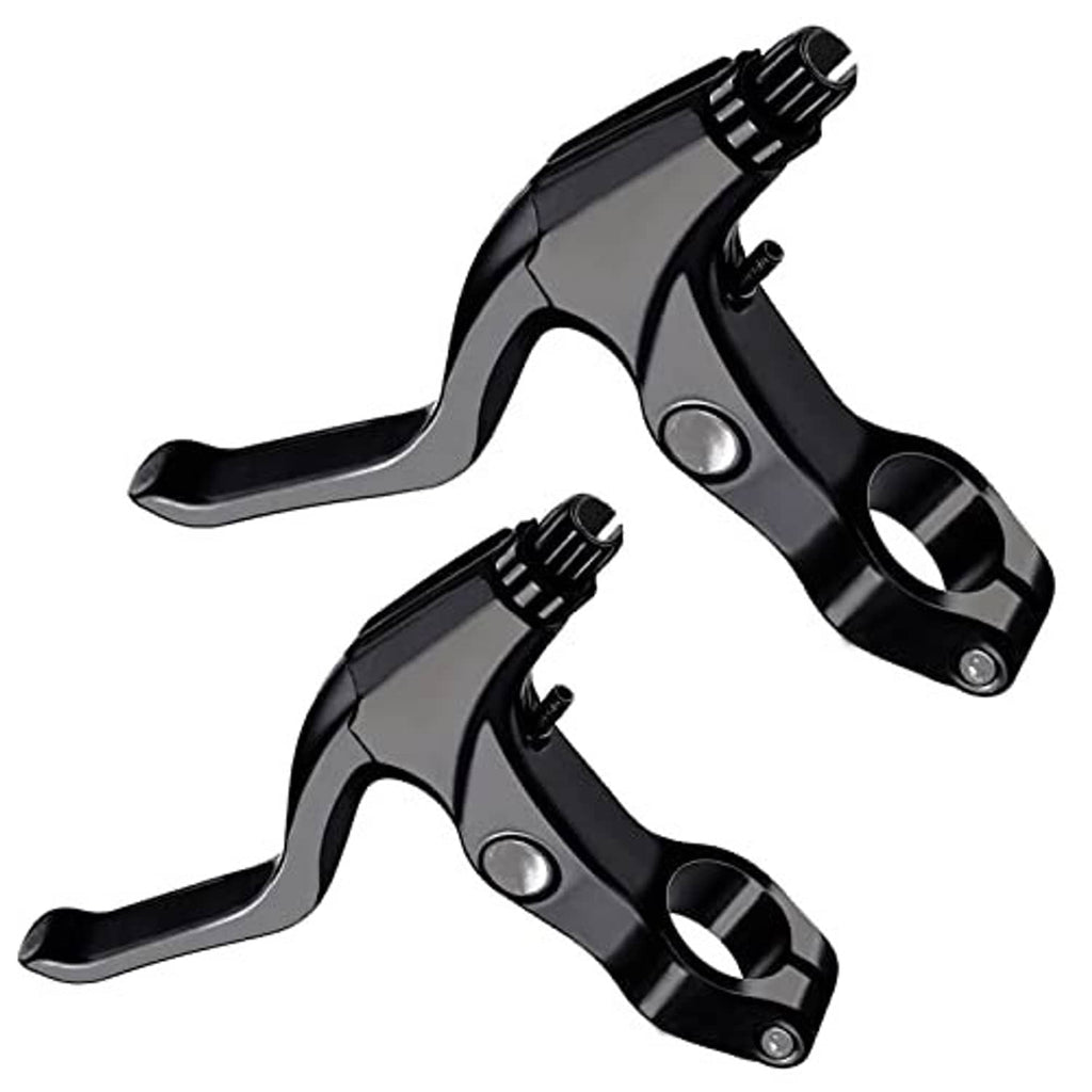 Pair of black bicycle brake levers with silver mounting hardware and curved hand grips